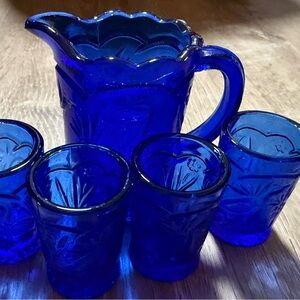 Vintage Cobalt Blue Glass Pitcher & 4 Tumblers – Child Size/miniature
